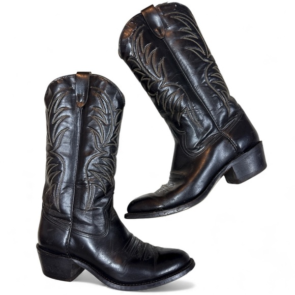Vintage Black Cowboy Boots Men’s 9D Flame Stitched Leather Western Pull On Chore - Picture 2 of 9